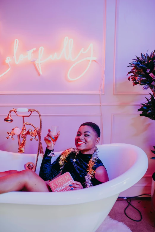 a woman sitting in a bathtub in front of a neon sign, maximalism, tessa thompson inspired, cheerful, holy grail, neon standup bar