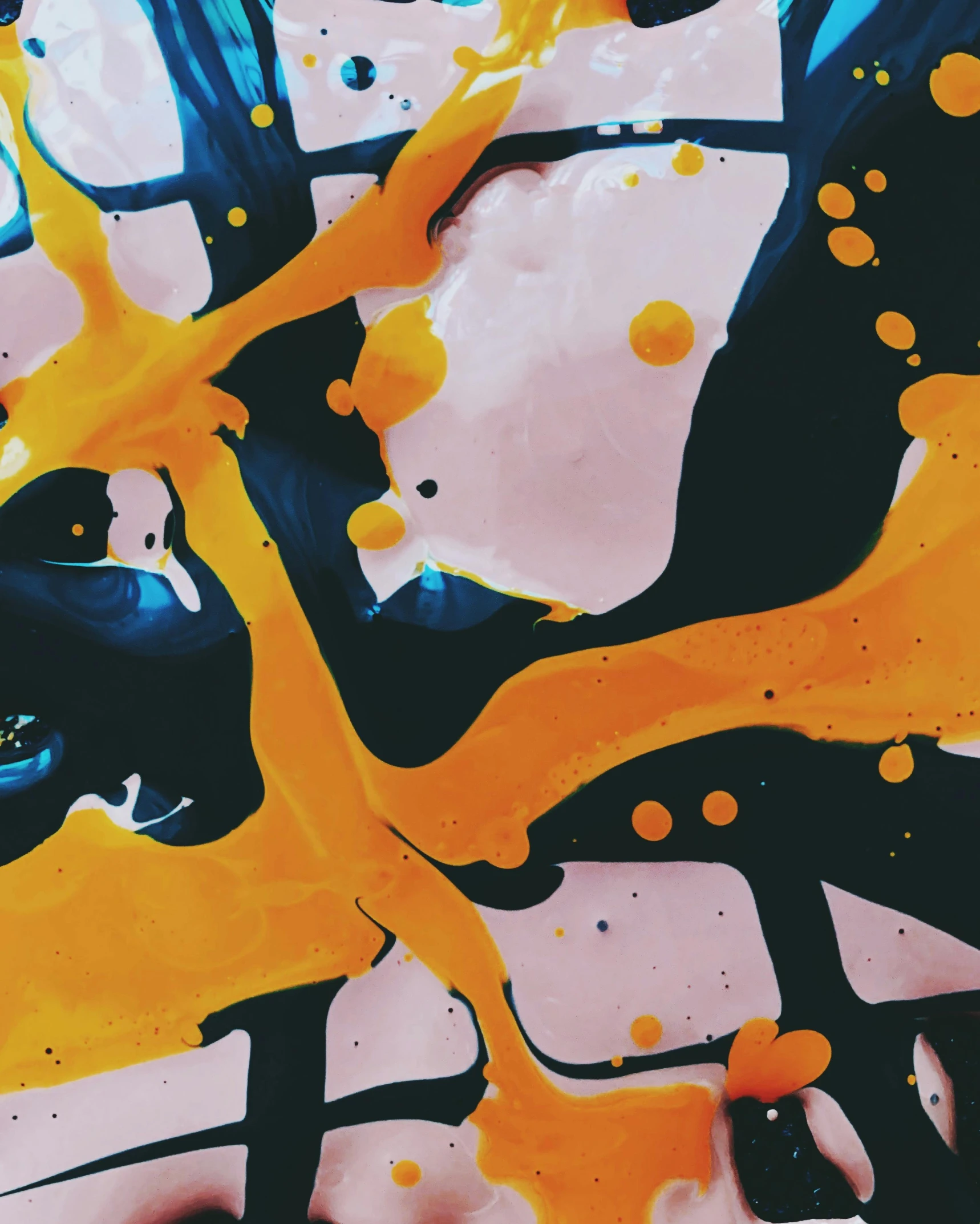 a close up of a painting of orange and black paint, inspired by Sam Francis, trending on pexels, colourful slime, yellow and black, comic paint, how pretty