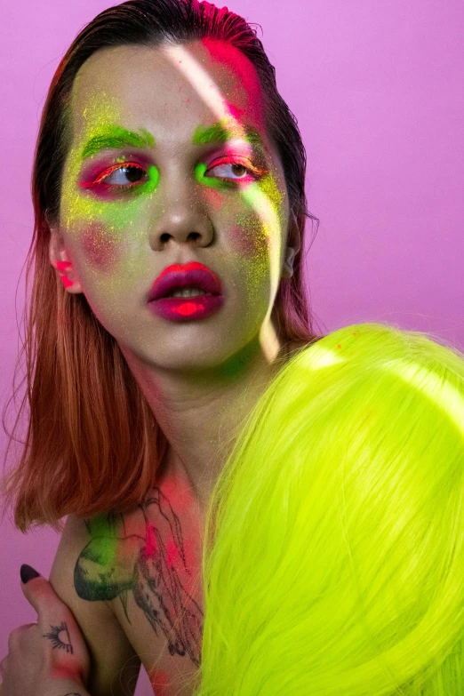 a woman with bright green hair and neon makeup, trending on pexels, conceptual art, bisexual lighting, freckles on chicks, neon gradient, like a catalog photograph