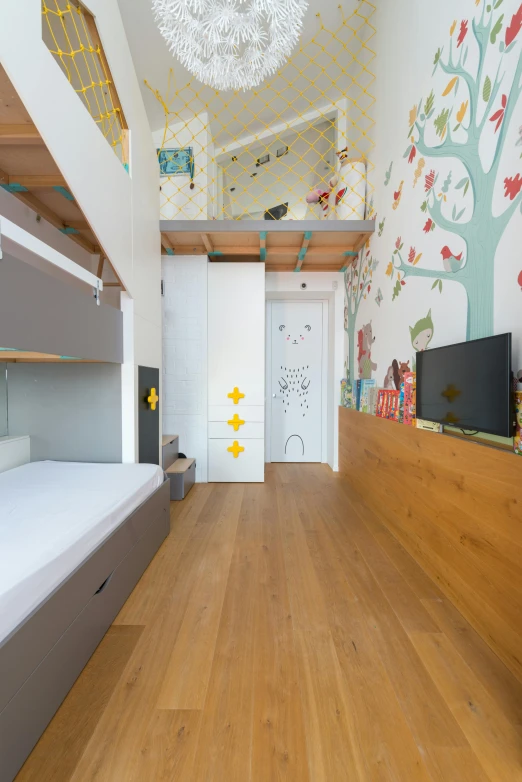 a bunk bed sitting inside of a bedroom on top of a hard wood floor, by Hirosada II, graffiti, white background, children playground, full room view, treehouse