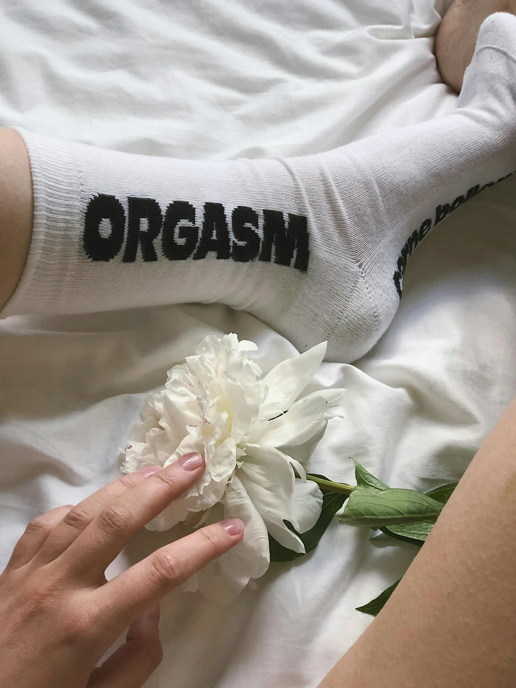 a woman laying on top of a bed next to a flower, an album cover, by Ellen Gallagher, trending on unsplash, transgressive art, socks, large pore fungi embroidered, white bandages on fists, black underwear