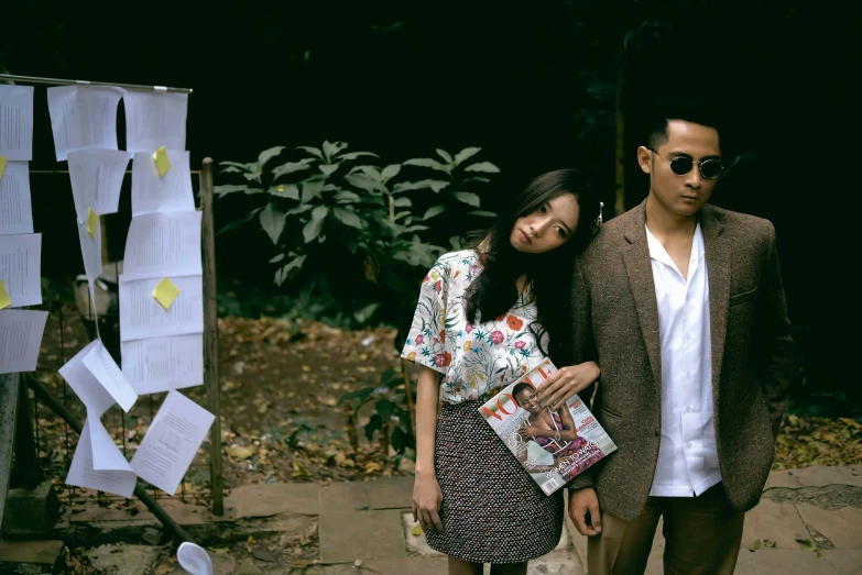 a man and a woman standing next to each other, visual art, in style of kar wai wong, picnic, influencer, movie set”