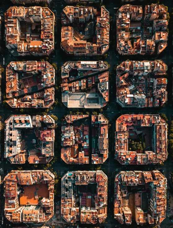 an aerial view of a city with lots of buildings, a screenshot, pexels contest winner, sharp geometrical squares, spanish, viral photo, panels