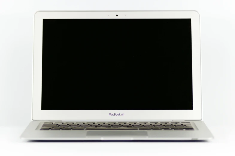 a white laptop computer sitting on top of a white table, pixabay, computer art, a purple and white dress uniform, aluminum, full front view, apple