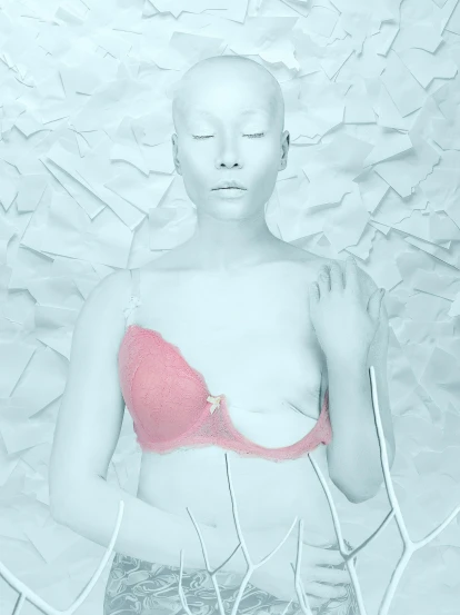 a black and white photo of a woman in a bra, conceptual art, pastel pink, wearing bionic implants, pale blue skin, margiela campaign