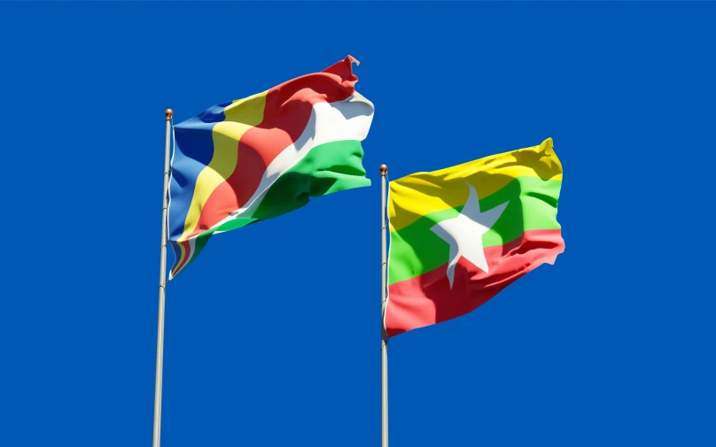 two flags blowing in the wind against a blue sky, shutterstock, dau-al-set, myanmar, thumbnail, multi - coloured, square