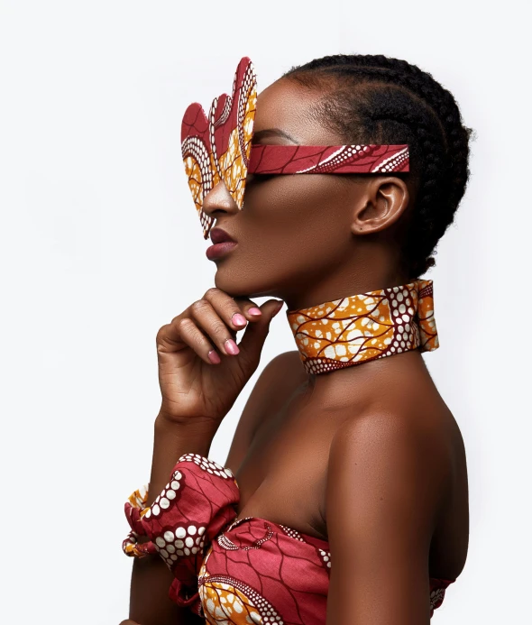 a woman with a mask on her face, an album cover, by Lily Delissa Joseph, trending on pexels, afrofuturism, cloth accessories, model pose, crimson themed, wooden jewerly