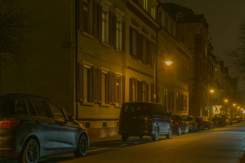 cars parked on the side of a street at night, a picture, by Thomas Häfner, renaissance, cinematic shot ar 9:16 -n 6 -g, late morning, brown, night time raid