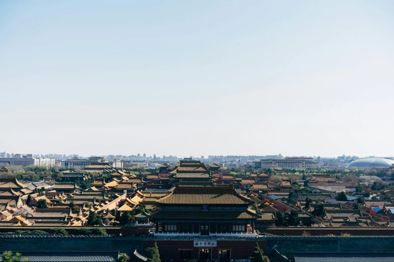 a large building sitting on top of a lush green field, inspired by Zhang Kechun, pexels contest winner, forbidden city, skyline view from a rooftop, blue and clear sky, 🦩🪐🐞👩🏻🦳