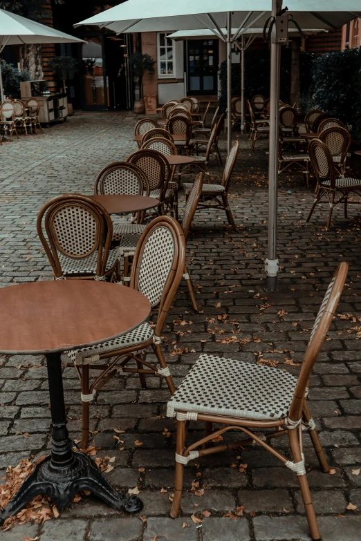 an outdoor cafe with tables and chairs and umbrellas, by Daniel Gelon, trending on unsplash, renaissance, 2 5 6 x 2 5 6 pixels, french provincial furniture, brown, dark. no text