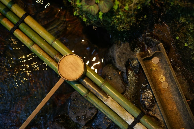 a couple of bamboo sticks sitting on top of a river, an album cover, inspired by Kanō Shōsenin, unsplash, conceptual art, brass and wood mechanisms, gardening, close-up from above, at midnight