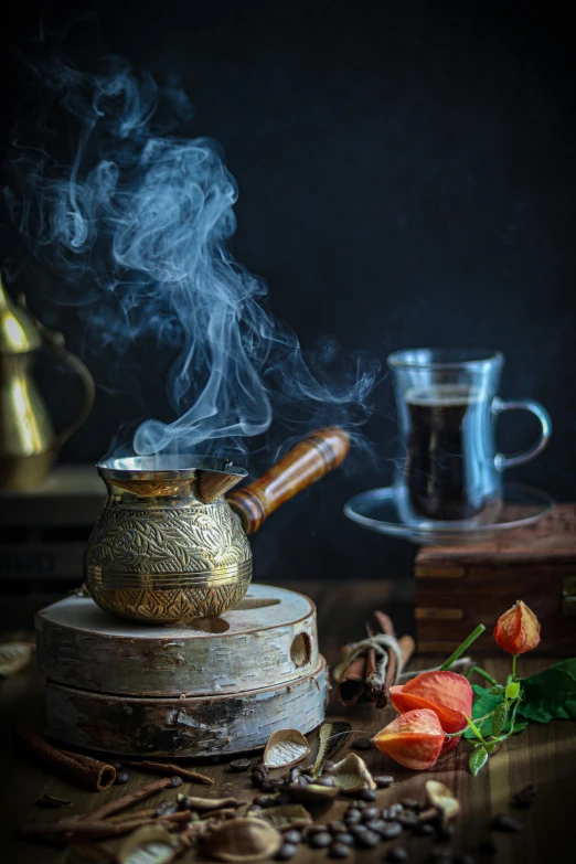 a tea pot sitting on top of a wooden table, a still life, by irakli nadar, pexels contest winner, hurufiyya, smoking, gold, thumbnail, 8 x