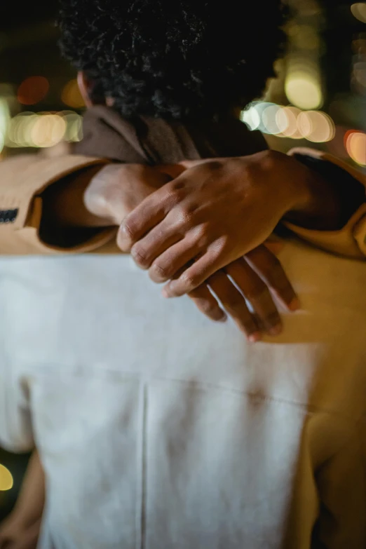 a couple of people that are hugging each other, by Niko Henrichon, sleek hands, calm night. over shoulder shot, promo image, multiple stories