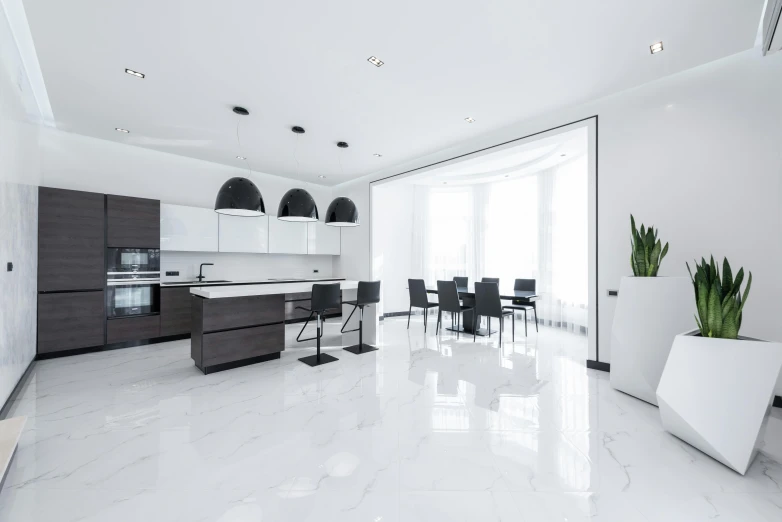 a white and black kitchen and dining room, by Patrick Pietropoli, pexels contest winner, minimalism, shiny marble floor, 15081959 21121991 01012000 4k, brown and white color scheme, spacious