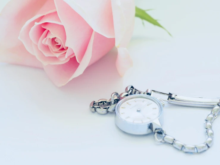 a close up of a watch with a rose in the background, pexels contest winner, minimalism, silver jewellery, background image, trinkets, white and pink