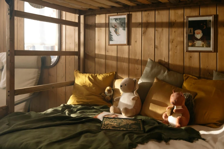 a couple of stuffed animals sitting on top of a bed, unsplash, arts and crafts movement, pine treehouse, archviz, cosy atmosphere, with a bunk bed