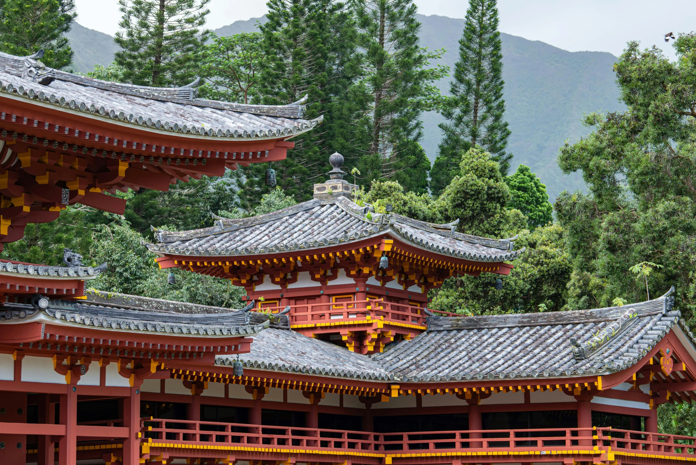 a group of pagodas sitting on top of a lush green hillside, inspired by Itō Jakuchū, trending on unsplash, elaborate carved wood balconies, avatar image