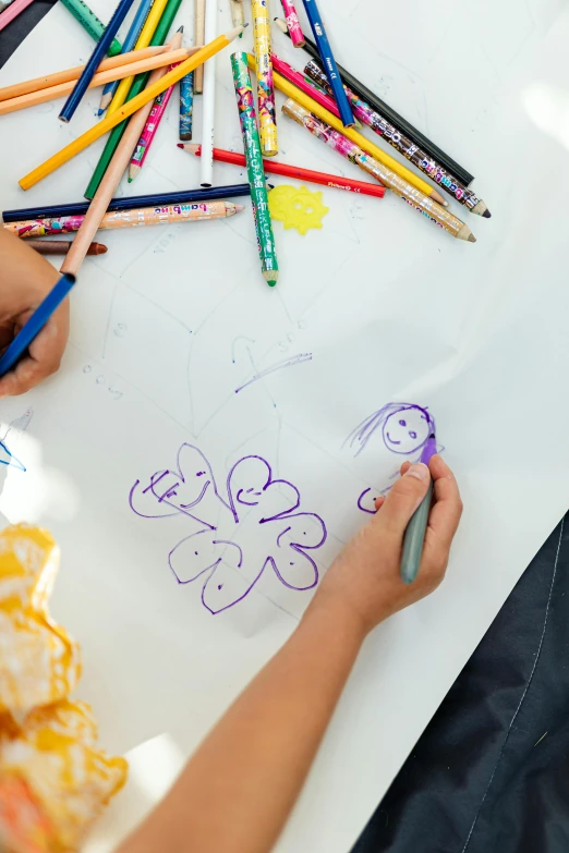 a child drawing on a piece of paper with colored pencils, a child's drawing, by Daniel Seghers, trending on pexels, on canvas, drawing faces, promotional image, cartoon image