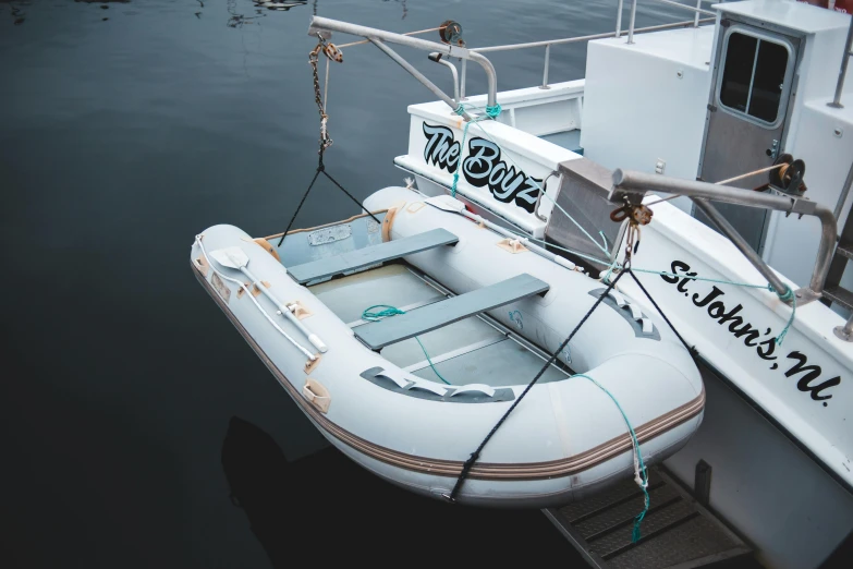 a white boat sitting on top of a body of water, as well as the handyboy, a high angle shot, inflatable, harbour