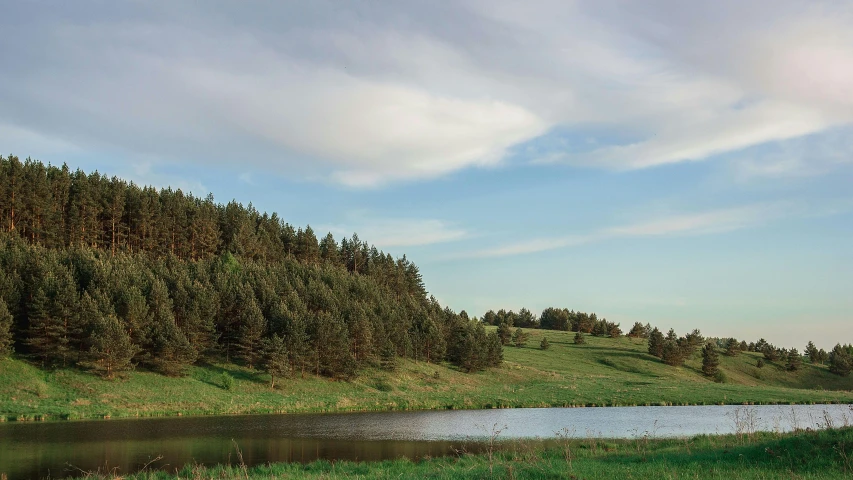 a body of water sitting on top of a lush green hillside, hurufiyya, tall pine trees, central farm, exterior shot, ayne haag