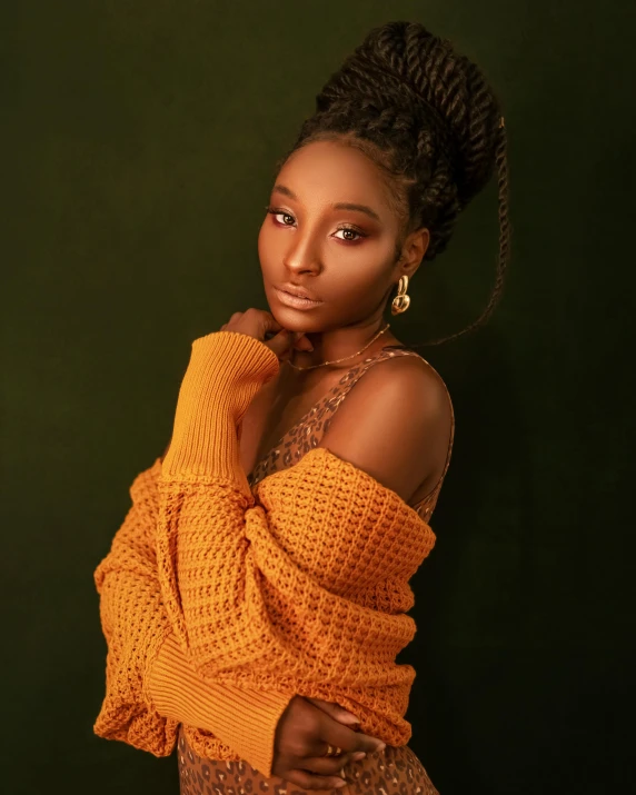 a woman in an orange sweater posing for a picture, by Chinwe Chukwuogo-Roy, trending on pexels, dark brown skin, ashteroth, good lighted photo, ☁🌪🌙👩🏾