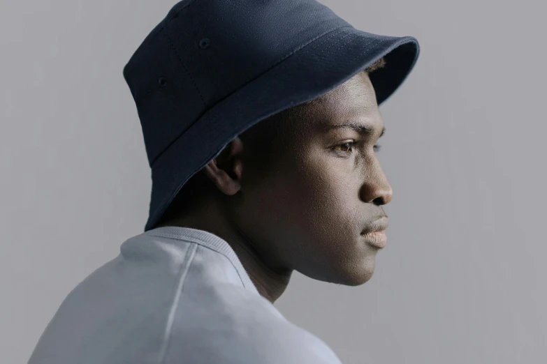 a close up of a person wearing a hat, bucket hat, profile posing, navy, kano)