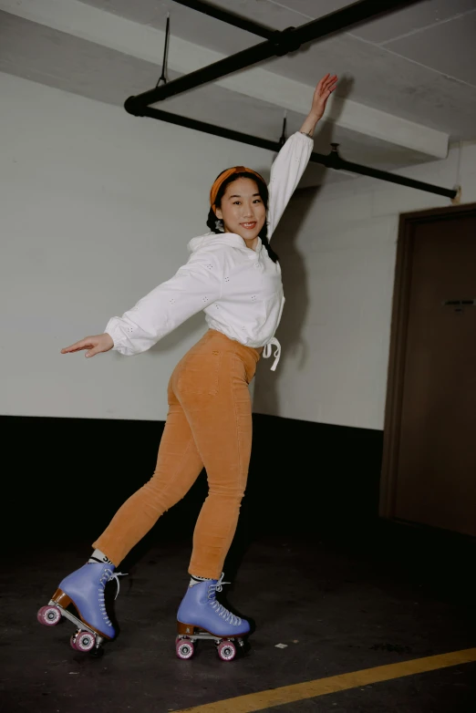 a woman riding a skateboard on top of a parking lot, inspired by Kim Jeong-hui, arabesque, standing in corner of room, brown pants, promo image, louise zhang