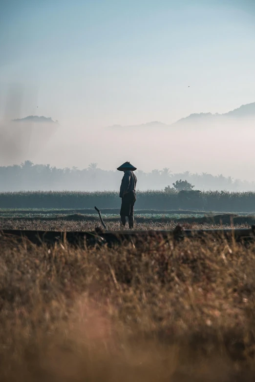 a person standing in a field with a hat on, inspired by Steve McCurry, laos, morning haze, seen from a distance, looking at the ground