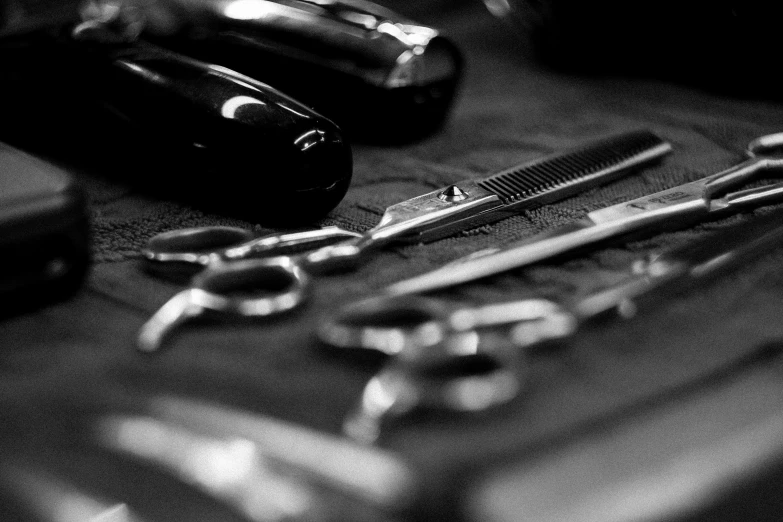 a bunch of tools sitting on top of a table, by Daniel Gelon, hair detailing, ((sharp focus)), medical supplies, close to night