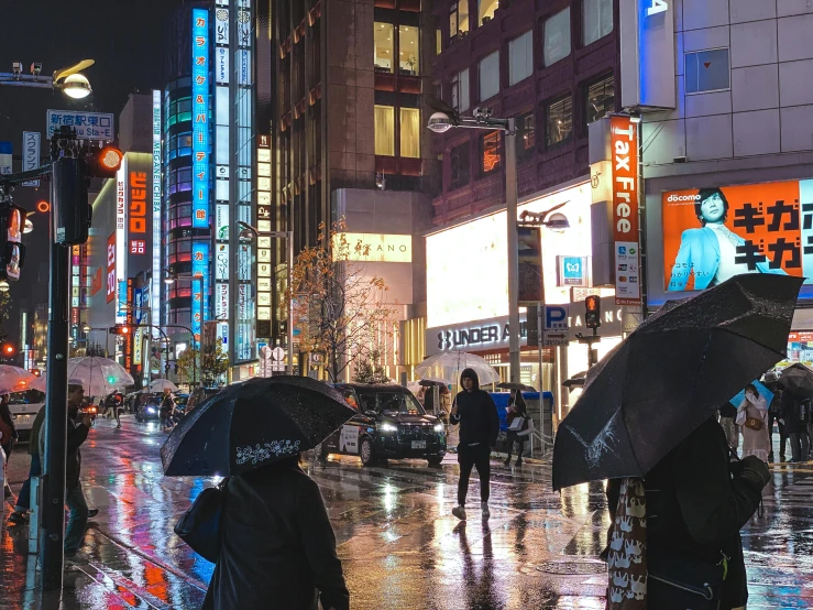 a group of people walking down a street holding umbrellas, a photo, pexels contest winner, ukiyo-e, neon lights in the city below, wet climate, youtube thumbnail, shinjuku