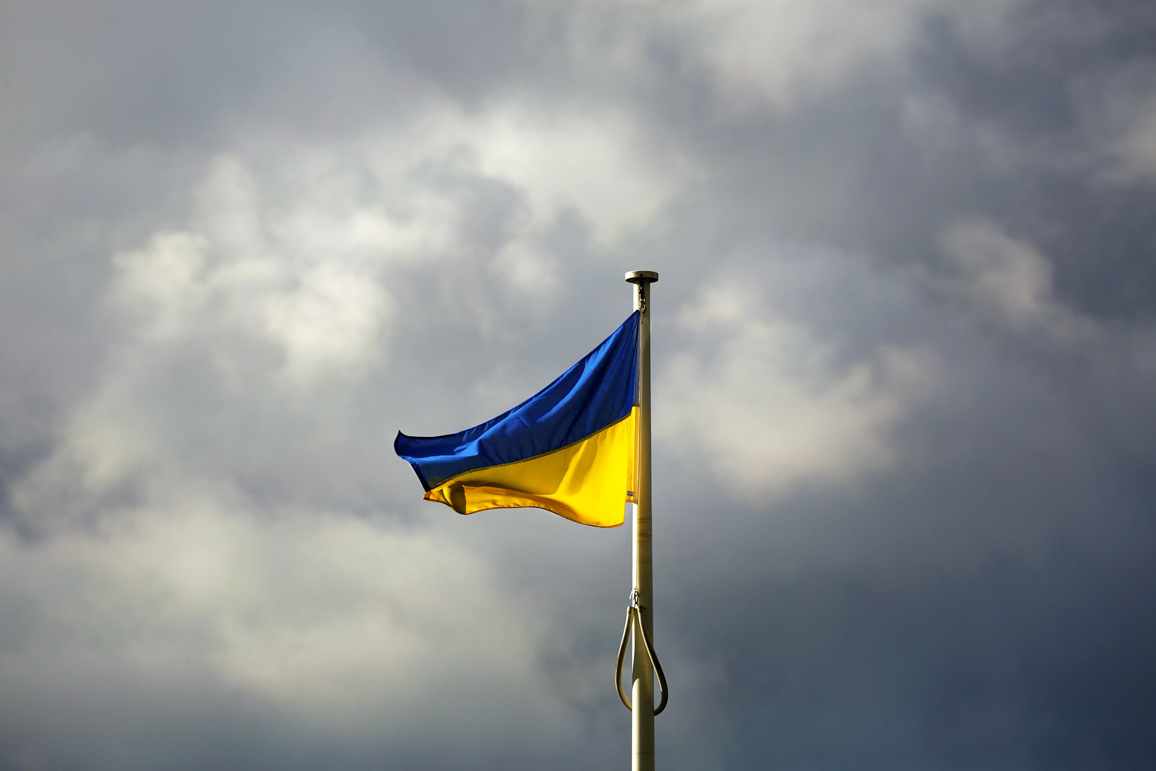 a blue and yellow flag flying in front of a cloudy sky, a photo, by Adam Marczyński, hurufiyya, square, ukrainian, grey, celebrating