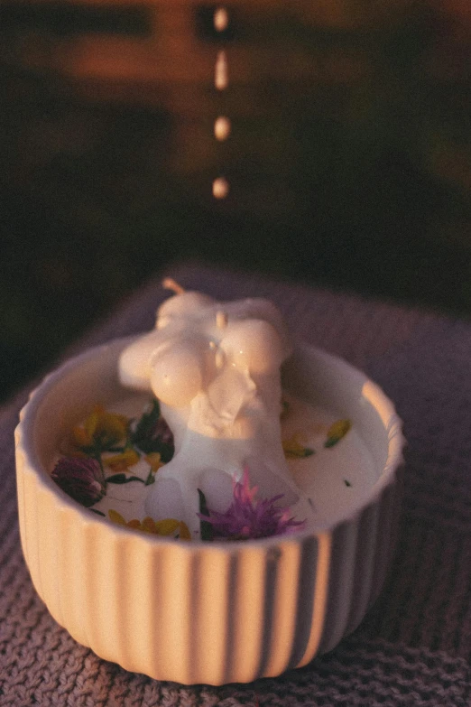 a close up of a bowl of food on a table, inspired by Elsa Bleda, renaissance, candle dripping white wax, flower power, spores floating in the air, yogurt