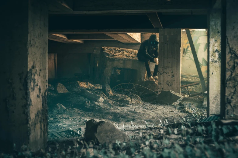 a man standing on top of a pile of dirt, a picture, inspired by Elsa Bleda, unsplash contest winner, happening, post apocalyptic room interior, sitting under bridge, 15081959 21121991 01012000 4k, lurking