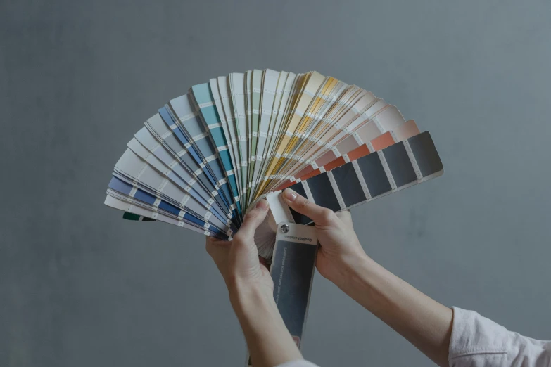 a woman holding a fan of paint samples, trending on unsplash, bauhaus, grey, full dynamic colour, fan favorite, product introduction photo