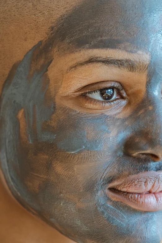 a close up of a person with a face mask, face and body features, charcoal skin, clear [bronze] face, being mixed