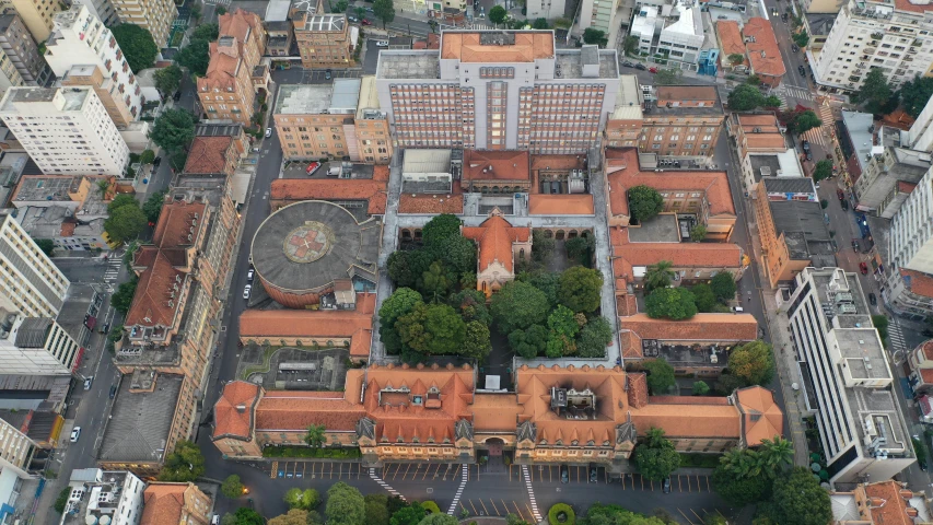 an aerial view of a city with tall buildings, quito school, são paulo, school courtyard, palace floating in the sky, brown