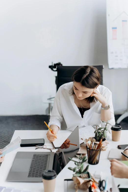 a group of people sitting around a table with laptops, pexels contest winner, arbeitsrat für kunst, female in office dress, writing on a clipboard, thoughtful expression, brittney lee