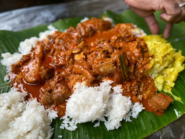 a close up of a plate of food on a banana leaf, pexels contest winner, hurufiyya, square, lamb and goat fused as one, thumbnail, indian