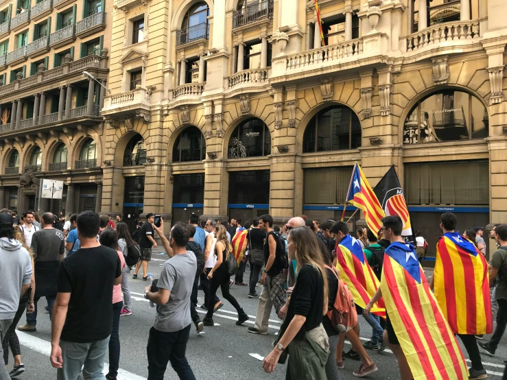 a large group of people walking down a street, by Tomàs Barceló, pexels, antipodeans, flag, facing left, 2 5 6 x 2 5 6 pixels, bl
