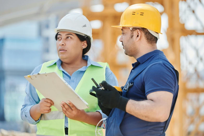 a couple of men standing next to each other on a construction site, shutterstock, holding a clipboard, islamic, te pae, thumbnail