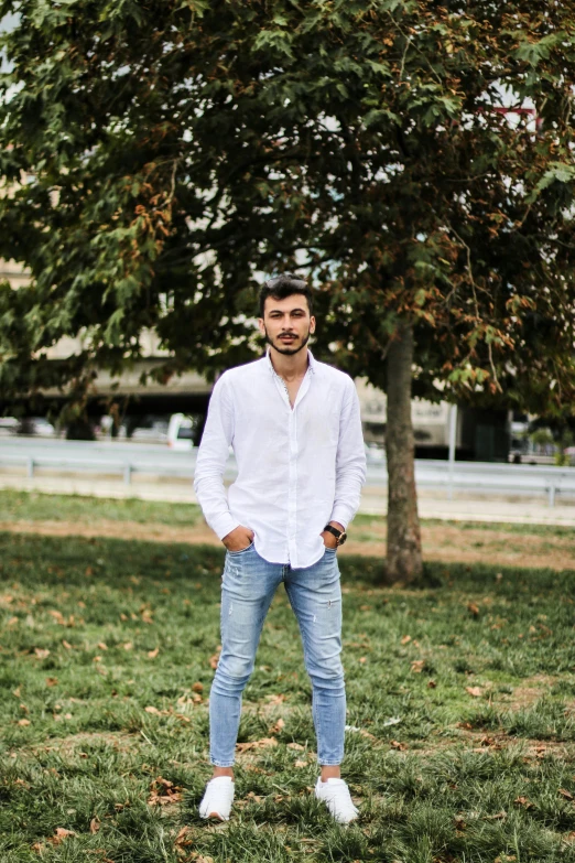 a man standing in a field next to a tree, by Ismail Acar, white shirt and jeans, standing in a city center, avatar image, white dress shirt