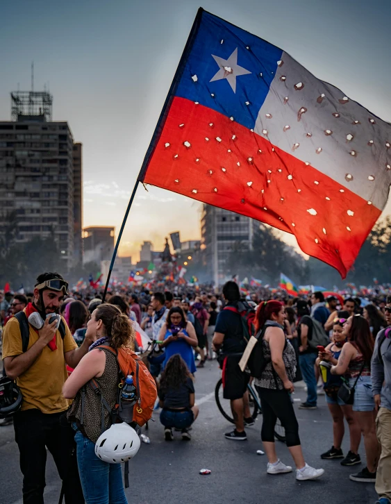 a large group of people standing on top of a street, chile, pride flag in background, 2019 trending photo, capitol riot