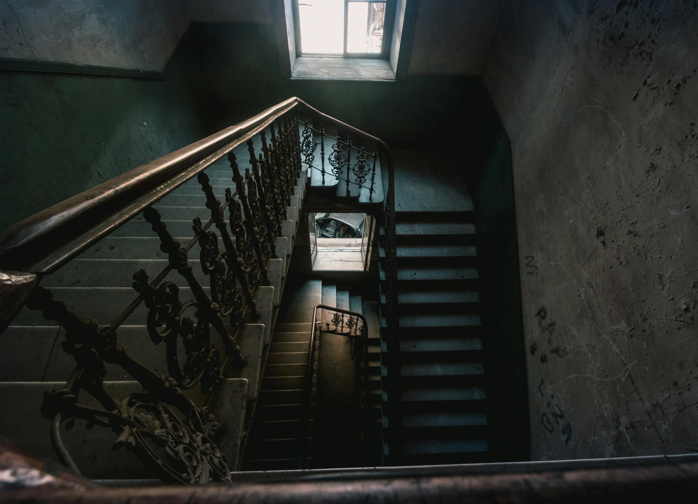 a staircase leading up to a window in a building, an album cover, inspired by Elsa Bleda, pexels contest winner, baroque, haunted house interior, dark hazy room, soviet apartment, scary stories