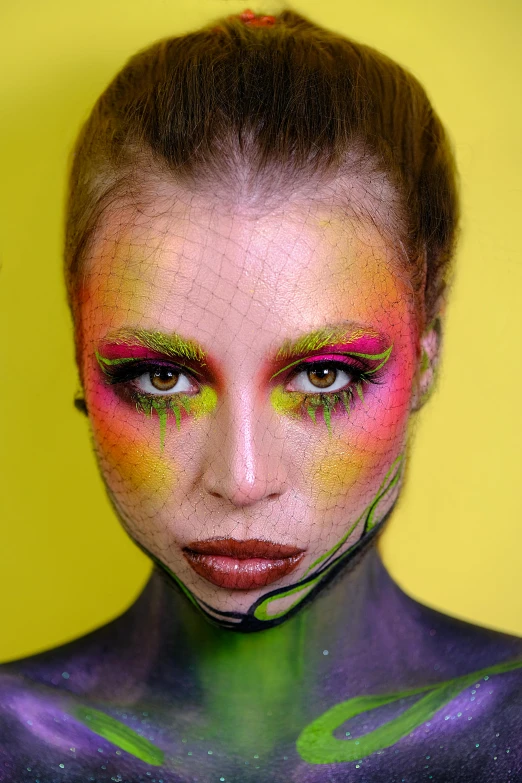 a close up of a person with a painted face, an album cover, inspired by Bert Stern, trending on pexels, renaissance, hot reptile humanoid woman, electric colors, dasha taran, looks like britney spears