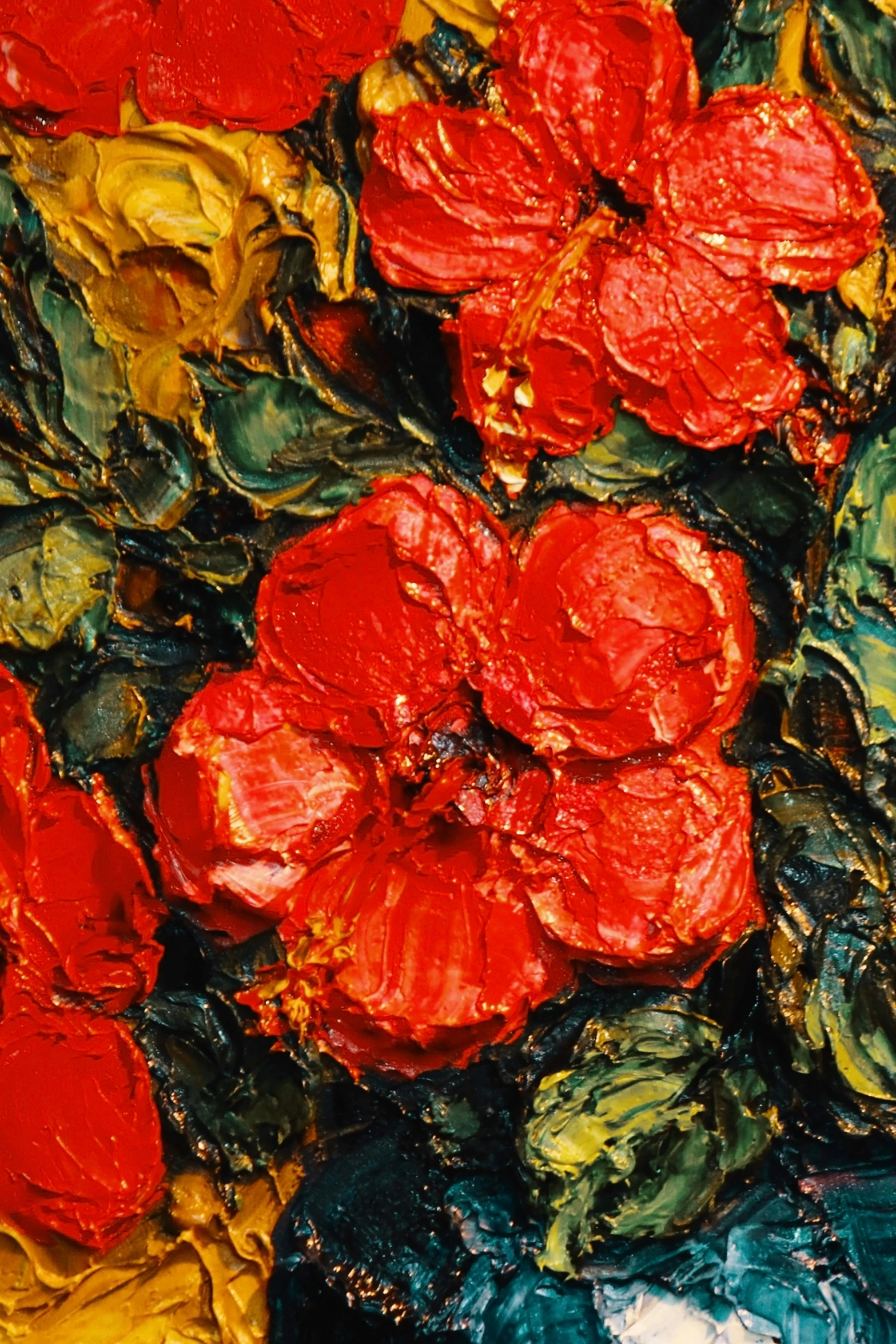 a close up of a painting of red flowers, inspired by Vincenzo Irolli, post-impressionism, thick impasto, 1996), lit up, oil on canvas (1921)”