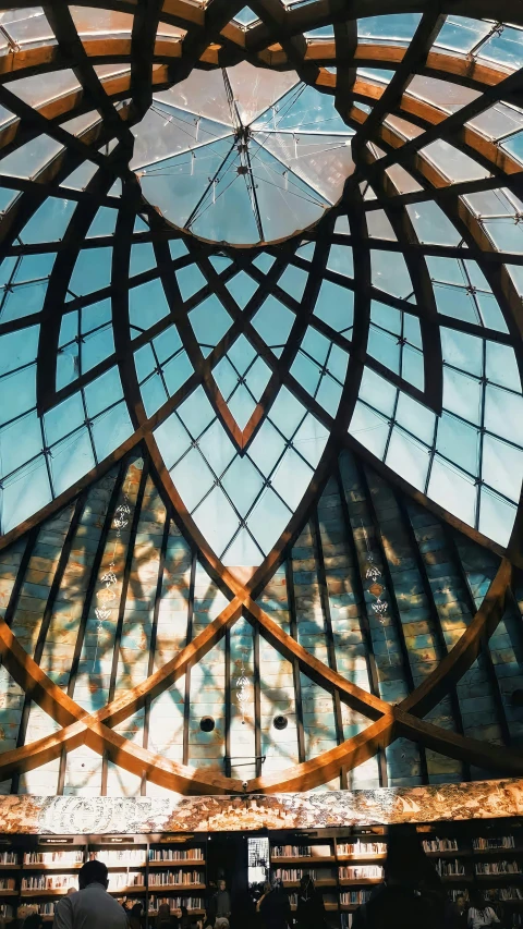 the inside of a library filled with lots of books, an abstract sculpture, by Matija Jama, unsplash contest winner, modernism, large glass ceilings, symmetrical crown, photo taken with an iphone, peaked wooden roofs