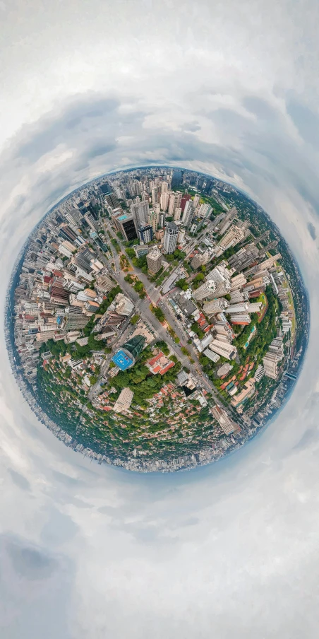 an aerial view of a city from a bird's eye view, an album cover, pexels contest winner, spherical lens, panorama, ((fish eye)), ilustration