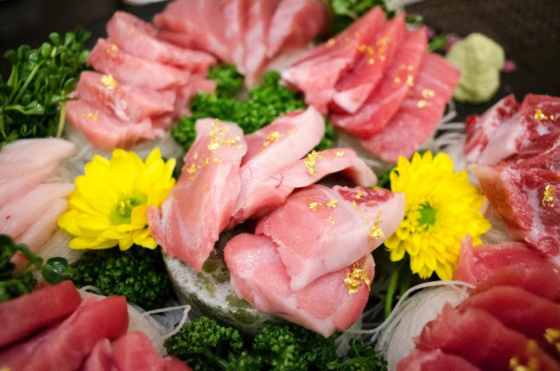 a close up of a plate of food with meat and veggies, a picture, sōsaku hanga, sparkling petals, fish seafood markets, 6 pack, grey