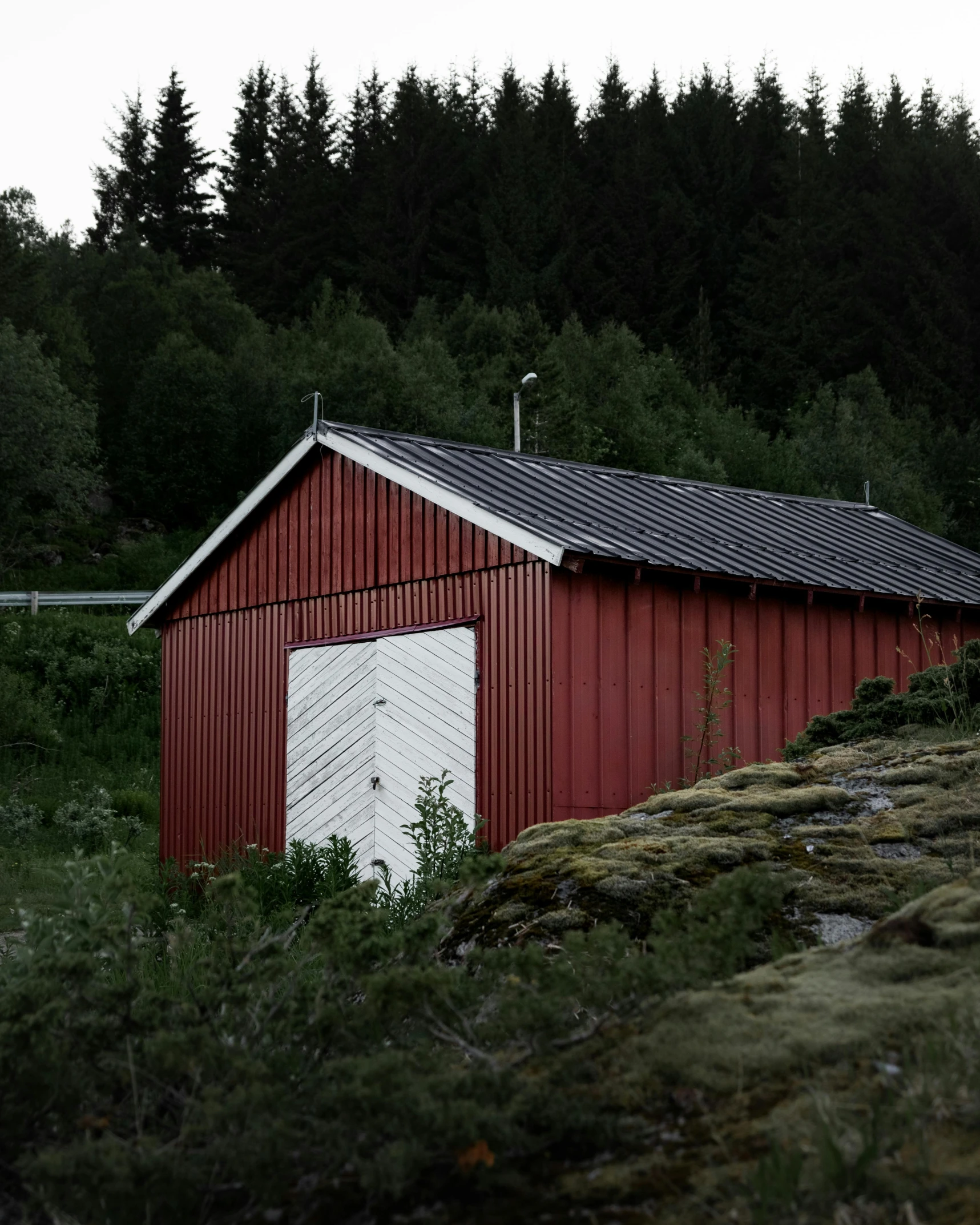 a red building sitting on top of a lush green hillside, by Roar Kjernstad, inside a shed, low lighting, dark and white, high-quality photo