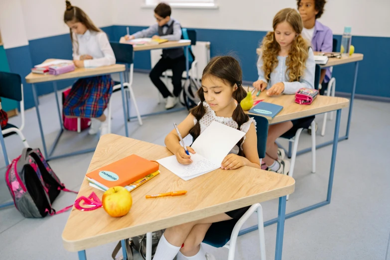 a group of children sitting at desks in a classroom, pexels contest winner, danube school, sat at her desk, pythagorean theorem, girl wearing uniform, raphael personnaz